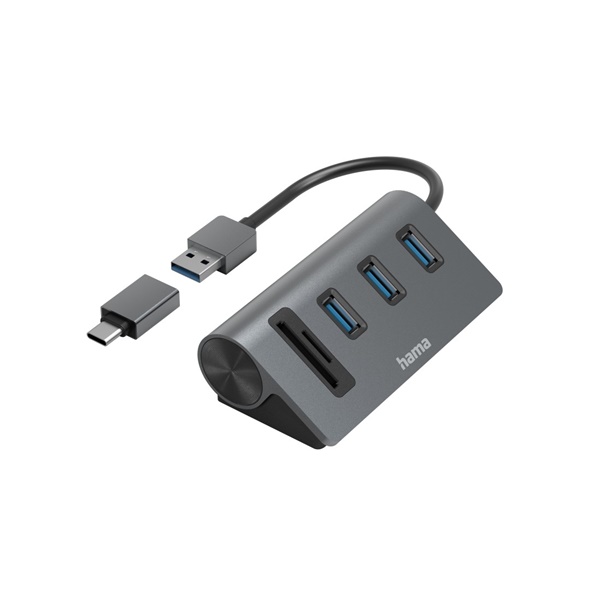Hama USB-Hub/Kartenleser, 5 Ports, 3x USB-A, SD, microSD, inkl. USB-C-Adapter